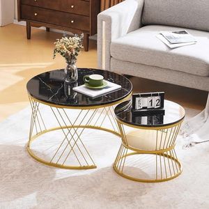 Merax Salontafel, set van 2, moderne woonkamertafel met marmerfineer, hoogglans, salontafel met opbergruimte, voor woonkamer, balkon, metalen frame, goud en zwart
