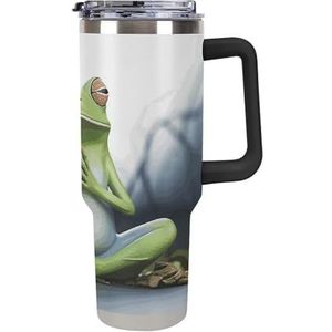 STVNKML 40 oz beker met handvat grappige yoga kikker roestvrijstalen koffiemok herbruikbare reismok lekvrije geïsoleerde autobeker grote capaciteit beker voor reizen, buiten, thuisgebruik (zwart)