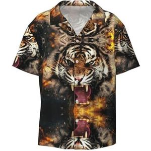 OdDdot Roaring Tiger Print Heren Jurk Shirts Atletische Slim Fit Korte Mouw Casual Business Button Down Shirt, Zwart, 4XL