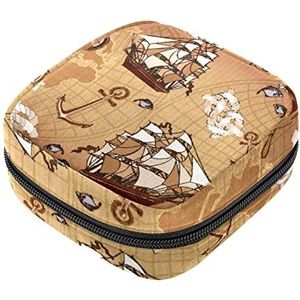 Maandverband Opbergtas, Vrouwelijke Product Pouches Draagbare Periode Kit Tas voor Meisjes Vrouwen Dames Oude Kaart Wereld, Meerkleurig, 4.7x6.6x6.6 in/12x17x17 cm