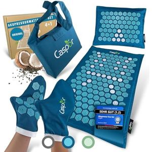Acupressuurmatset met kussen (origineel), tas, massagehandschoenen, acupunctuurmat van linnen met kokosvezels, accupressuurmat, helpt bij spanningen, rugpijn Caspor®
