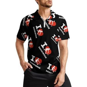 I Love Badminton heren golfpoloshirts klassieke pasvorm T-shirt met korte mouwen bedrukt casual sportkleding top XL