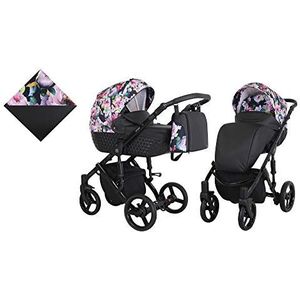 KUNERT Kinderwagen TIARO sportwagen babywagen autostoel babyzitje complete set kinderwagen set 2 in 1 (zwart met bloemen, framekleur: zwart, 2-in-1)