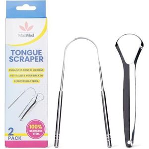 MalaMed | Set van 2 tongschrapers, 1x U-vorm en 1x Y-vormige 100% roestvrijstalen metalen schraper, voor mondhygiëne en frisse adem | Eenvoudig te gebruiken reiniger voor volwassenen