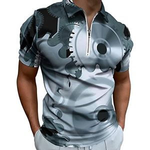 Steampunk Gear Poloshirt voor heren, met ritssluiting, casual korte mouwen, golftop, klassieke pasvorm, tennisshirt