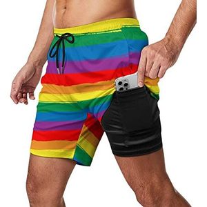 Regenboog Gestreepte LGBT Vlag Mannen Zwembroek Sneldrogende 2 in 1 Strand Sport Shorts met Compressie Liner En Pocket