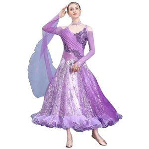 FZHQNZJF Balzaal Dans Concurrentie Jurken Wals Flamenco Prestatie Rok Tango Salsa Kostuums met Strass Ademend Nationale Standaard Danskleding,Purper,3XL