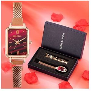 Dames Horloges Mode Vierkante Dames Quartz Horloge Armband Set Groene Dial Simple Rose Gold Mesh Luxury Women Watches (Color : Watch bracelet 124)
