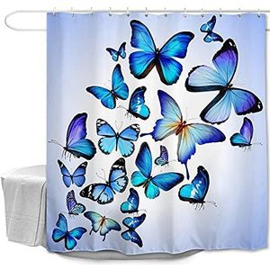 Oduo Douchegordijnen schimmelbestendig wasbaar, 3D vlinderprint douchegordijnen waterdicht badgordijn met 10-12 haken - douchegordijn voor badkamer (90 x 180 cm, blauwe vlinder)