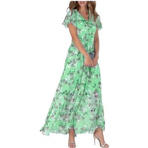 Maxi-jurk van chiffon met bloemenprint voor dames, zomer, elegant, boho, lange vloeiende jurken, ruches, mouwen, V-hals, vakantie, strand, outfit, bruiloft, gast, verloving, cocktailparty, Groen, M