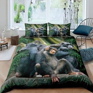 Beddengoedset voor eenpersoonsbed, groene aap met ritssluiting, ademend, microvezel, zacht dekbedovertrek, 135 x 200 cm + 2 bijpassende kussenslopen van 50 x 75 cm, voor tieners en kinderen