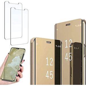 Ttianfa case voor LG Q60 Flip case hoesjes Spiegel telefoon case,spiegel leren PU Screen Protector Kickstand Volledige Bescherming 360 graden stootvast,case Schokbestendig voor LG Q60,Goud