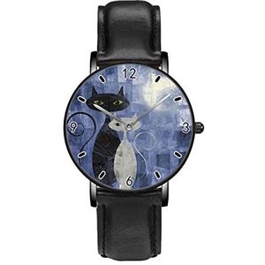 Zwart en Wit Kat Op Blauw Grunge Canvas Klassieke Patroon Horloges Persoonlijkheid Business Casual Horloges Mannen Vrouwen Quartz Analoge Horloges, Zwart