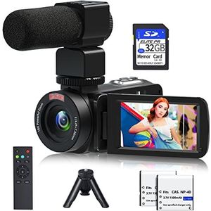 Videocamera, 1080P 30MP Camcorder IR Nachtzicht Vlogging Camera voor YouTube, Afstandsbediening 3 inch Touchscreen 18X Digitale Zoom Camera Recorder met Microfoon, Mini Statief 2 Battries, 32 GB