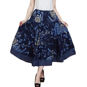 FEOYA Dames Retro Maxirok Elastische Taille Lange Rok Zomerrok Bloemenprint Feestelijke Rok Katoen Plooirok voor Cocktail Vrije Tijd Vakantie