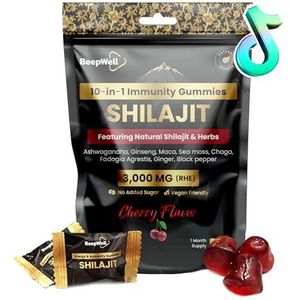BeepWell Shilajit Gummies – 3000 mg Himalaya Formule met Fulvinezuur, 85+ Spoorelementen & Ashwagandha – Plantaardige Shilajit Gummies met Kersensmaak – 60 Gummies