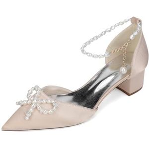 GHSIRUEU Vrouwen Puntige Teen Parelketting Lage Hakken Satijn Bruidspumps met Strik,Champagne,35 EU
