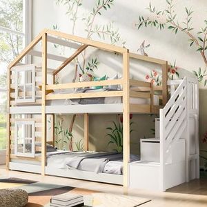 Crlnaup Kinderbed, boomhuis, 90 x 200 cm, stapelbed voor kinderen in vensterconstructie met opslag en valbeveiliging, natuur en wit, inclusief bord, 2 x lattenbodem, zonder matras