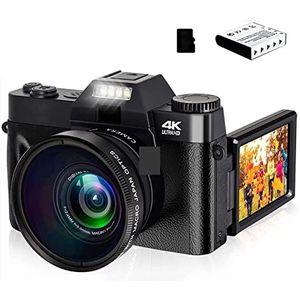 Videocamera, Groothoek Digitale Camera 4K Vlog Camcorder for Webcam Macro Lens 16X Zoom 48MP Selfie Recorder Flip screen(With 128GB TF card,With Lens)