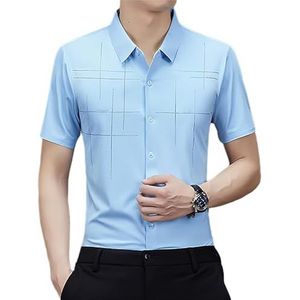 KIKIATA Heren zomer shirt heren ijs zijde business shirt sneldrogend ademend casual korte mouwen knoop revers stretch shirt, Hemelsblauw, L