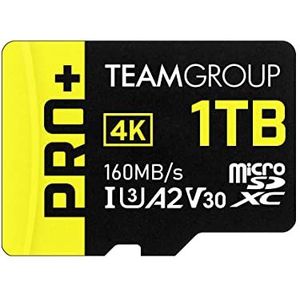 TEAMGROUP A2 Pro Plus Card 1TB Micro SDXC UHS-I U3 A2 V30, R/W tot 160/110 MB/s voor Nintendo-Switch, Steam Deck, Gaming Apparaten, Tablets, Smartphones, 4K opnamen, met adapter TPPMSDX1TIA2V3003