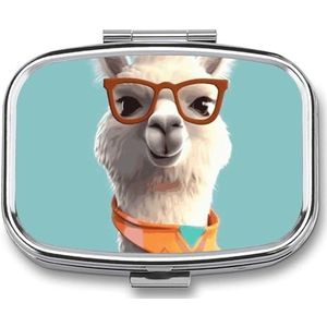Grappige cartoon lama pillendoos reizen pillenorganizer 2 compartimenten wekelijkse pillenhoes met spiegel een dag medicijncontainer medicijnorganizer voor portemonnee, zak of portemonnee