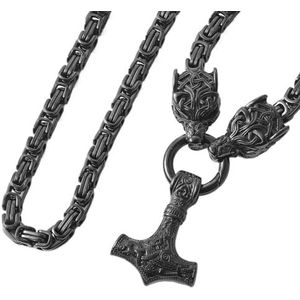 Viking Mjolnir Ketting Voor Mannen Met Wolf Head King Chain - Noorse Roestvrijstalen Keltische Knoop Thors Hammer Hanger - Handgemaakte Dieren Vintage Heidense Amulet Sieraden (Color : Black_50CM)