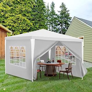 Daromigo Paviljoen 3 x 3 m, tuinpaviljoen, waterdichte partytent, met afneembare zijpanelen en grote ramen, tuintent, uv-bescherming, voor outdoor, tuin, feest, camping, wit