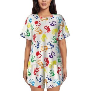 YQxwJL Kleurrijke Hand Vormen Regenboog Print Vrouwen Pyjama Sets Shorts Korte Mouw Lounge Sets Nachtkleding Casual Pjs Met Zakken, Zwart, XL
