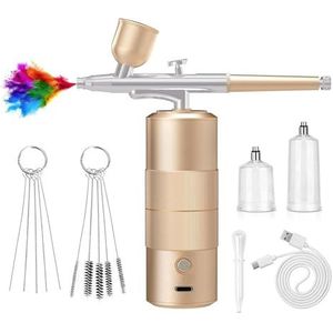 Swiixxer Airbrush Kit met Compressor Hogedruk Airbrush Set met 0,3 mm Nozzle Airbrush voor nagels, Make-up Gemakkelijk te installeren, Gemakkelijk te gebruiken, Goud