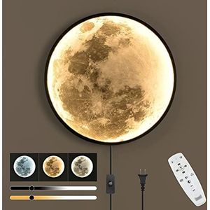 LED Maan Muurlamp Binnen Dimbare met afstandsbediening 3D Maanlamp 31W Modern Wandlamp met Schakelaar en Stekker Maan Nachtlicht Wand Deco licht met Kabel Slaapkamer Wandverlichting Woonkamerlamp 50cm