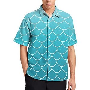 Blauwe zeemeerminstaart heren korte mouw T-shirt casual button down zomer strand top met zak