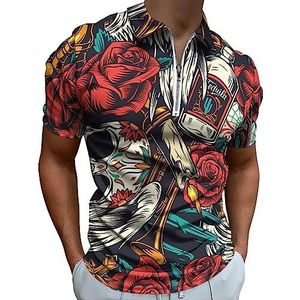 Vintage Sugar Skulls Rose Bloemen Polo Shirt voor Mannen Casual Rits Kraag T-shirts Golf Tops Slim Fit