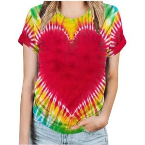 Dames T-shirt met batikpatroon, hart-afbeelding, Valentijnsdag, shirt, geliefden, geschenken, casual T-shirt met korte mouwen, rood, XL
