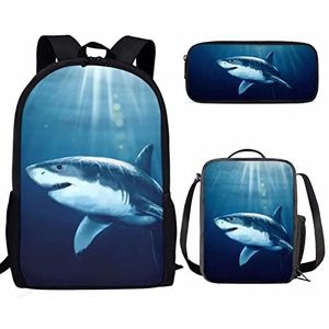 SEANATIVE 3D Shark Print Student School Boekentas Peuter Dagpack Met Lunch Box Potlood Case Voor Meisjes Jongens Kinderen, 3 Stks/Set