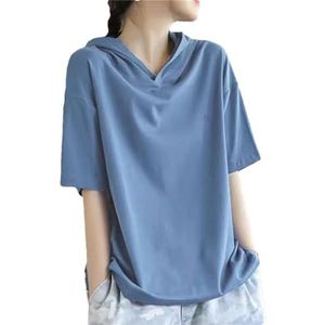 Dvbfufv Vrouwen Zomer Eenvoudige Casual Losse Hooded Katoen T-shirt Vrouwen Trend Print Korte Mouw Trui Shirt Tops, Blauw, XL