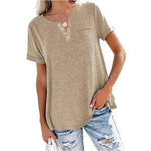 Casual T-shirt met V-hals voor dames, effen, casual, V-hals, voor dames, T-shirt, korte mouwen, V-hals, casual, F-kaki, L