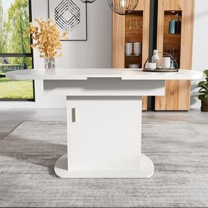 BXEYXE Uittrekbare ovale eettafel, 110/130 x 70 x 75 cm (l x b x h), eettafel met opbergruimte, moderne minimalistische eettafel, ruimtebesparende multifunctionele eettafel, wit + gouden handvat