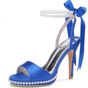 KYEGLO Dames Satijnen Parel Ronde Neus Stiletto Hoge Hak, Open Teen Sandalen Met Twee Parel Enkelbandjes - Feestelijke Trouwjurk Prom Schoenen,Blauw,36