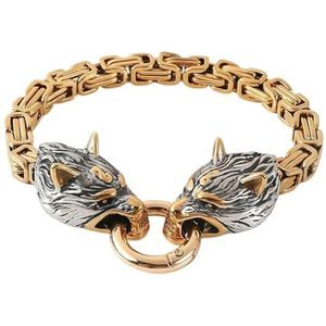 Viking Wolf Head Byzantijnse Ketting Armband Voor Mannen - Roestvrij Staal 6MM Chunky King Link Chain Armband - Noorse Mythologie Odin Wolf Amulet Vintage Gotische Sieraden (Color : Gold_19CM)