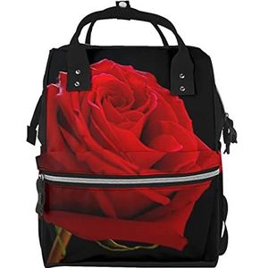 OUSIKA Rode Rose Zwarte Achtergrond Print Luiertas Rugzak Multifunctionele Grote Reizen Dagrugzakken Luiertas Voor Moeder Papa, Zwart, One Size