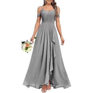 HPPEE Dames V-hals koude schouder bruidsmeisjes jurken met split ruches chiffon formele avondjurk, Zilver, 32