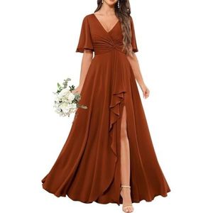 Chiffon bruidsmeisjesjurken voor dames, met spleetplooien, formele avondjurken, grote maten, Verbrand Oranje, 32