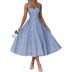 AHERKLL Spaghetti Bandjes Bruidsmeisjes Jurken Jacquard Satijn Halter Formele Avond Feest Maxi Jurk HAH046, Blauw, 32