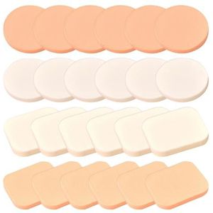 24 stuks make-upsponzen, ronde poederkwasten, vierkante poederkwasten, natte en droge make-upspons, geschikt voor Bb-crème, poeder, primer (wit + huidskleur)
