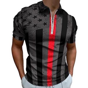Retro Dunne Rode Lijn Brandweerman Vlag Polo Shirt Voor Mannen Casual Rits Kraag T-shirts Golf Tops Slim Fit