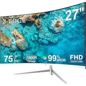 Z-Edge Gaming Monitor Gebogen 27 inch, 75Hz, FHD 1080P (1920x1080), Monitor Office Witte met HDMI-kabel, 1800R VA Frameloos, 178° Kijkhoek Van, VGA+HDMI, Verstelbare Kanteling, Eye-Care-technologie