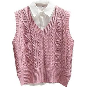 Damesmode trui vest nieuwe mouwloze gebreide V-hals pullover dames tops jas, roze, XL