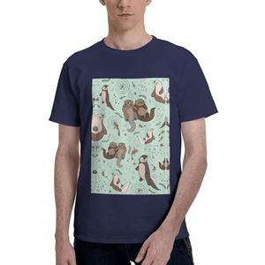 Cartoon schattig otter print heren katoenen T-shirt, casual en comfortabel korte mouw, geschikt voor fitness en dagelijks gebruik, Donkerblauw, S