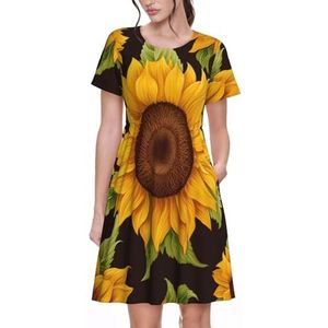 Zomerjurken voor dames, mooie zonnebloem 3D-print - ronde hals casual T-shirt korte mouwen jurk losse swing strandjurk met zakken, 3 D, S